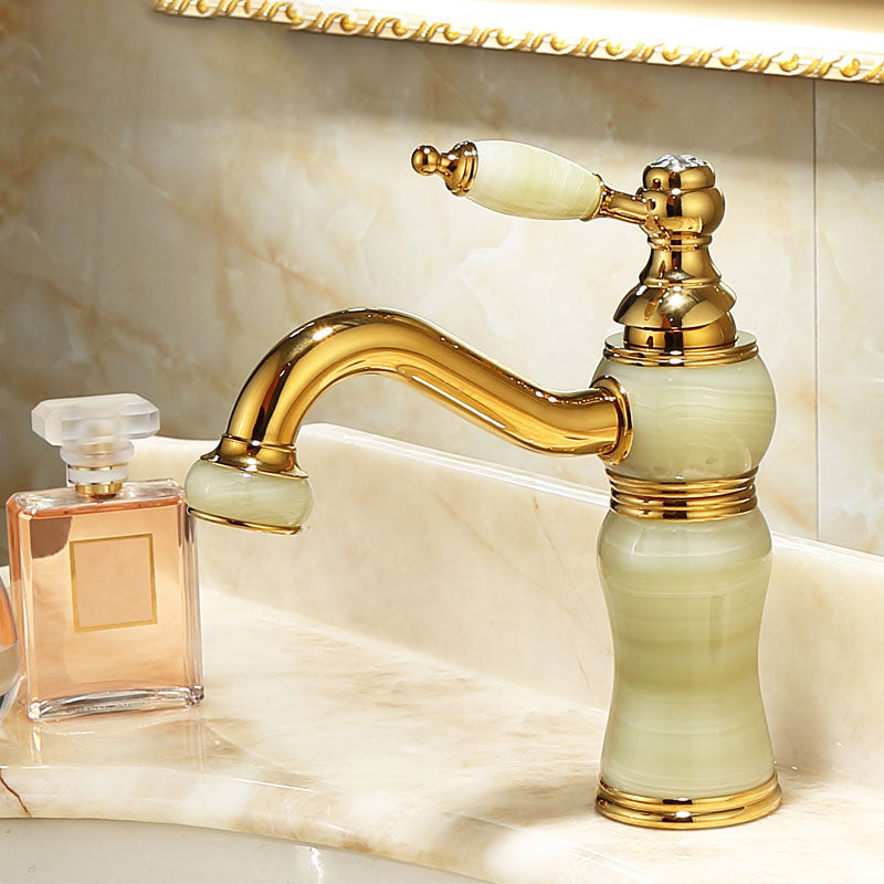 Frendorf | Deck Mounted Copper Tub Faucet Low Arc Roman Tub Faucet Set with Jade
