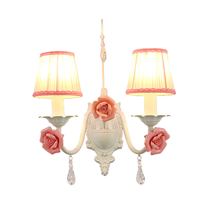 Frendorf | 1/2-Kopf Stoff Wandleuchte Koreanische Blume Weiße Faltenabdeckung Wohnzimmer Wandlampe mit Kristallhänger