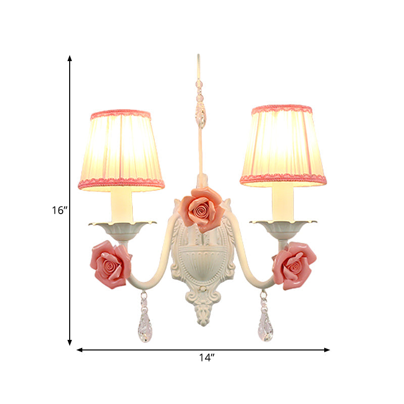 Frendorf | 1/2-Kopf Stoff Wandleuchte Koreanische Blume Weiße Faltenabdeckung Wohnzimmer Wandlampe mit Kristallhänger