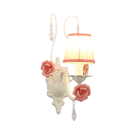 Frendorf | 1/2-Kopf Stoff Wandleuchte Koreanische Blume Weiße Faltenabdeckung Wohnzimmer Wandlampe mit Kristallhänger