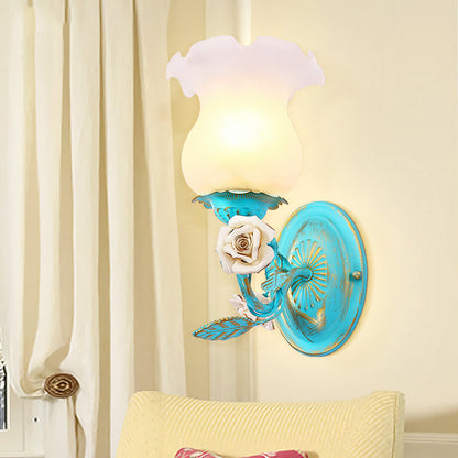 Frendorf | Blauwe Bloesem Wandlamp Lichtarmatuur Koreaanse Tuin Witte Glas 1/2-Licht Slaapkamer Wandlamp