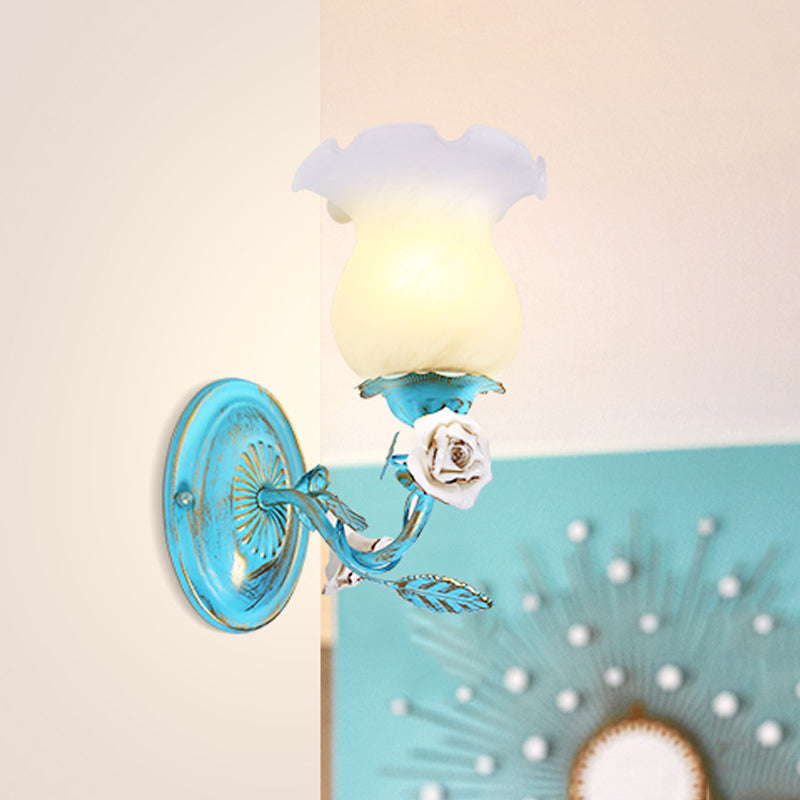 Frendorf | Blauwe Bloesem Wandlamp Lichtarmatuur Koreaanse Tuin Witte Glas 1/2-Licht Slaapkamer Wandlamp