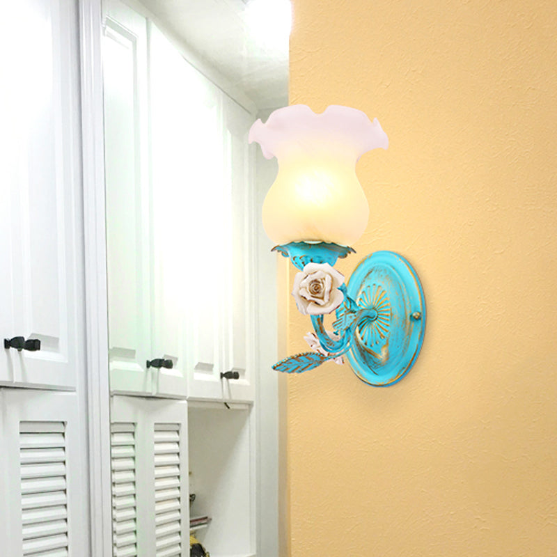 Frendorf | Blauwe Bloesem Wandlamp Lichtarmatuur Koreaanse Tuin Witte Glas 1/2-Licht Slaapkamer Wandlamp