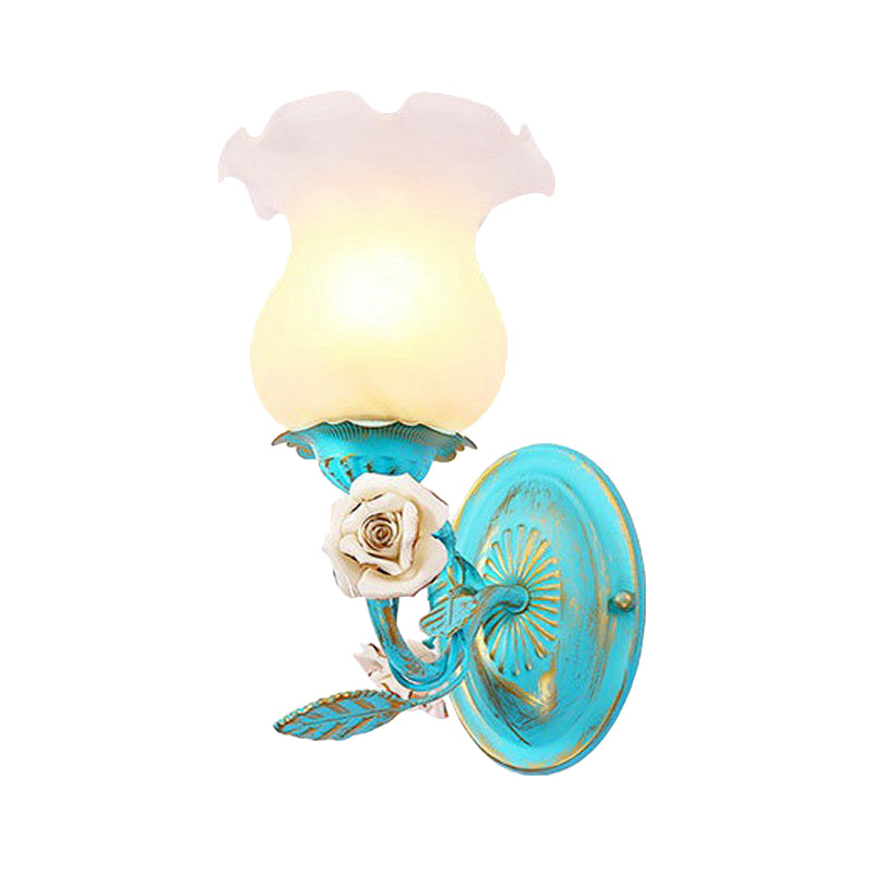 Frendorf | Blauwe Bloesem Wandlamp Lichtarmatuur Koreaanse Tuin Witte Glas 1/2-Licht Slaapkamer Wandlamp
