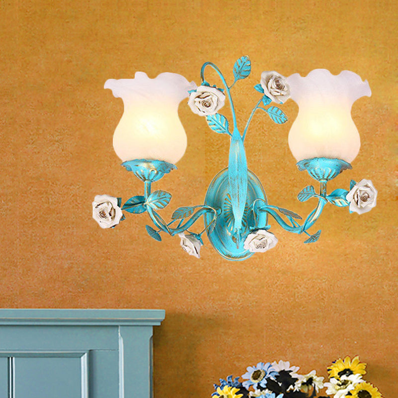 Frendorf | Blauwe Bloesem Wandlamp Lichtarmatuur Koreaanse Tuin Witte Glas 1/2-Licht Slaapkamer Wandlamp