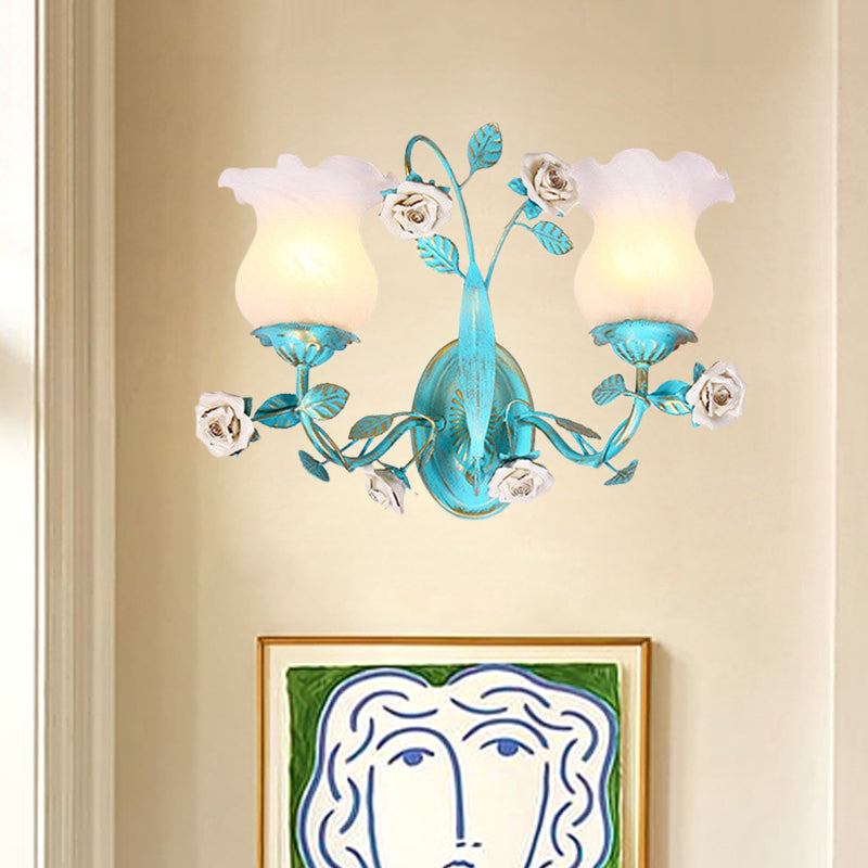 Frendorf | Blauwe Bloesem Wandlamp Lichtarmatuur Koreaanse Tuin Witte Glas 1/2-Licht Slaapkamer Wandlamp