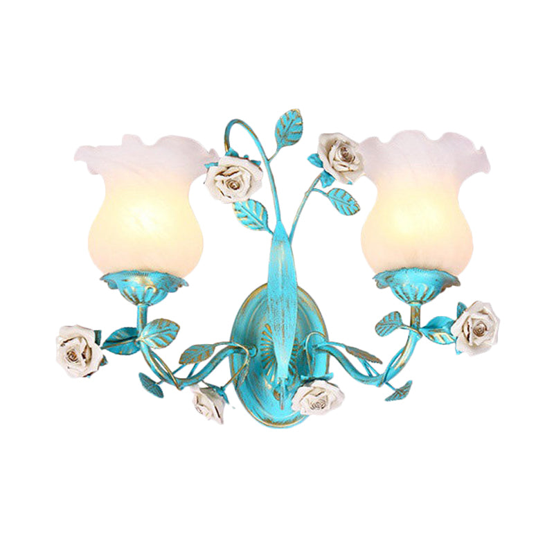 Frendorf | Blauwe Bloesem Wandlamp Lichtarmatuur Koreaanse Tuin Witte Glas 1/2-Licht Slaapkamer Wandlamp