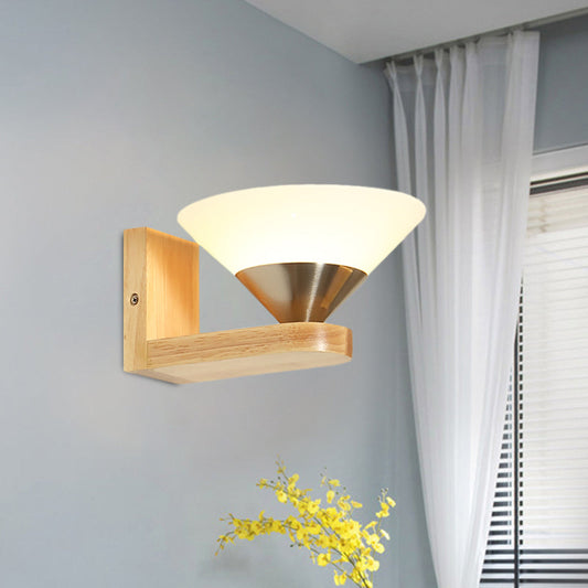 Frendorf | 1 Glühbirne Nachttisch Wandschalter Modern Holz und Nickel Wandleuchte mit Kegel Weiße Glas-Schirm
