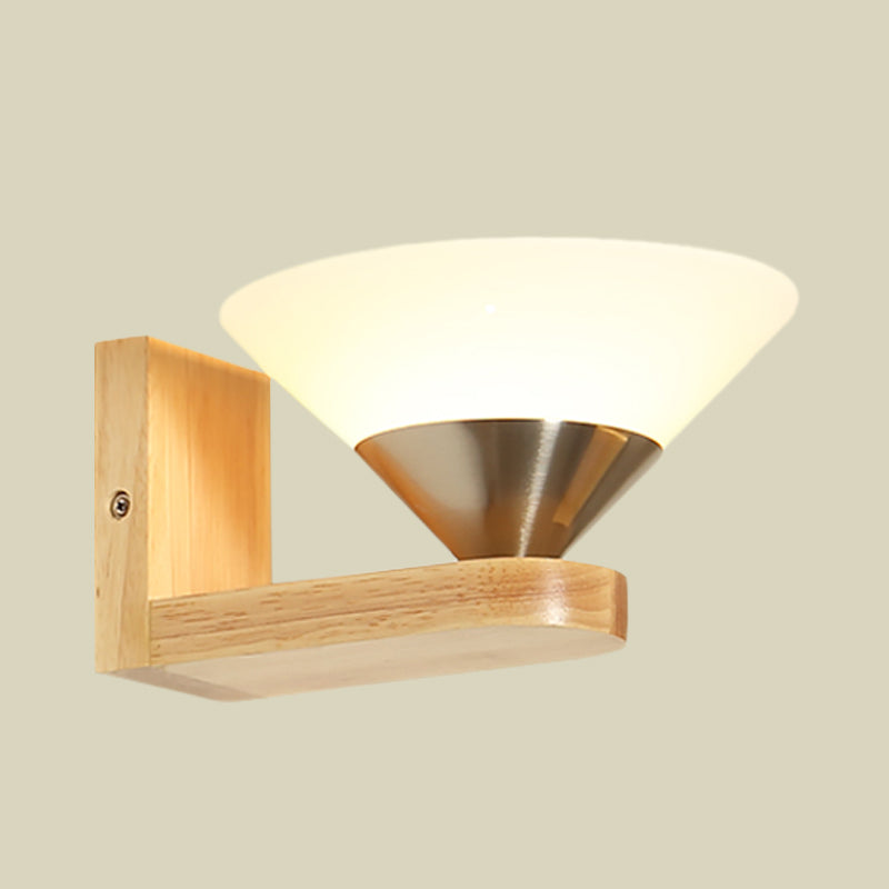 Frendorf | 1 Glühbirne Nachttisch Wandschalter Modern Holz und Nickel Wandleuchte mit Kegel Weiße Glas-Schirm
