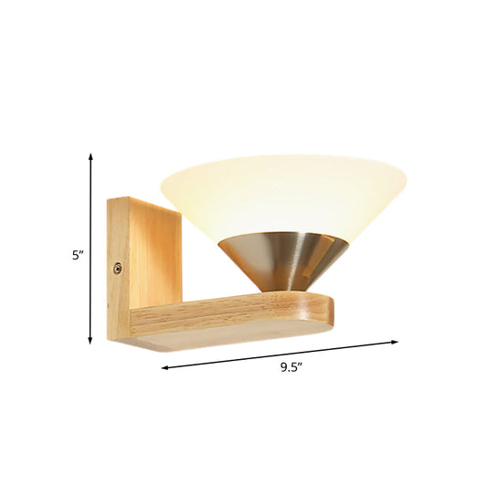 Frendorf | 1 Glühbirne Nachttisch Wandschalter Modern Holz und Nickel Wandleuchte mit Kegel Weiße Glas-Schirm