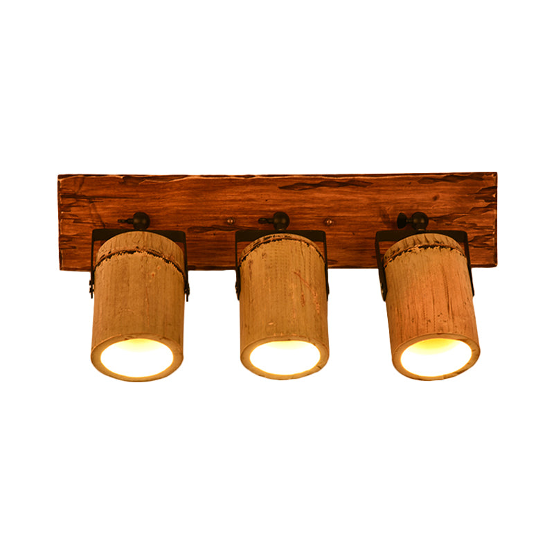 Frendorf | Vintage Zylinder Wandlamp Sconces 2/3-Lichts Bamboe Wandlamp in Bruin met Lineaire Houten Achterplaat
