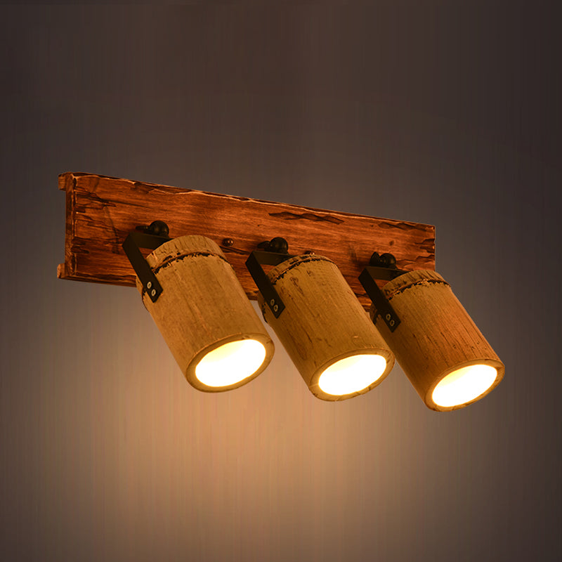 Frendorf | Vintage Zylinder Wandlamp Sconces 2/3-Lichts Bamboe Wandlamp in Bruin met Lineaire Houten Achterplaat