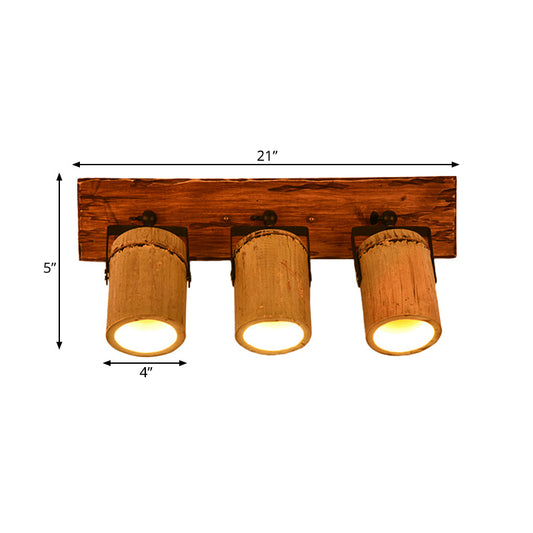 Frendorf | Vintage Zylinder Wandlamp Sconces 2/3-Lichts Bamboe Wandlamp in Bruin met Lineaire Houten Achterplaat