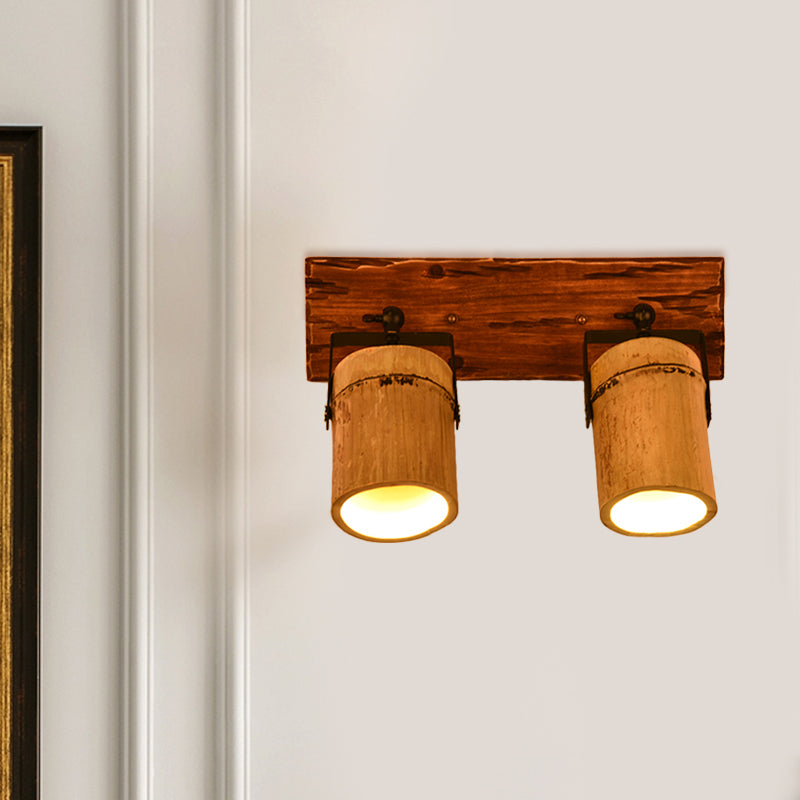 Frendorf | Vintage Zylinder Wandlamp Sconces 2/3-Lichts Bamboe Wandlamp in Bruin met Lineaire Houten Achterplaat
