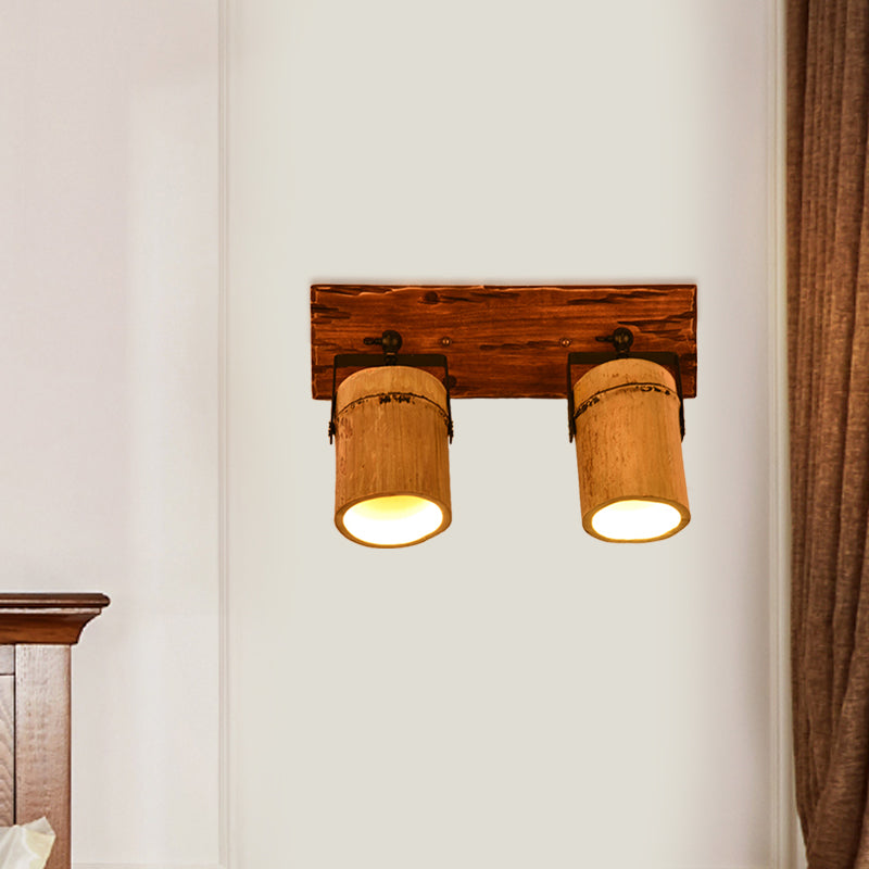Frendorf | Vintage Zylinder Wandlamp Sconces 2/3-Lichts Bamboe Wandlamp in Bruin met Lineaire Houten Achterplaat