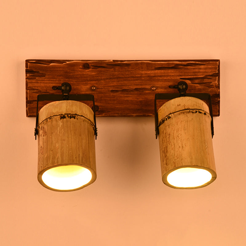 Frendorf | Vintage Zylinder Wandlamp Sconces 2/3-Lichts Bamboe Wandlamp in Bruin met Lineaire Houten Achterplaat