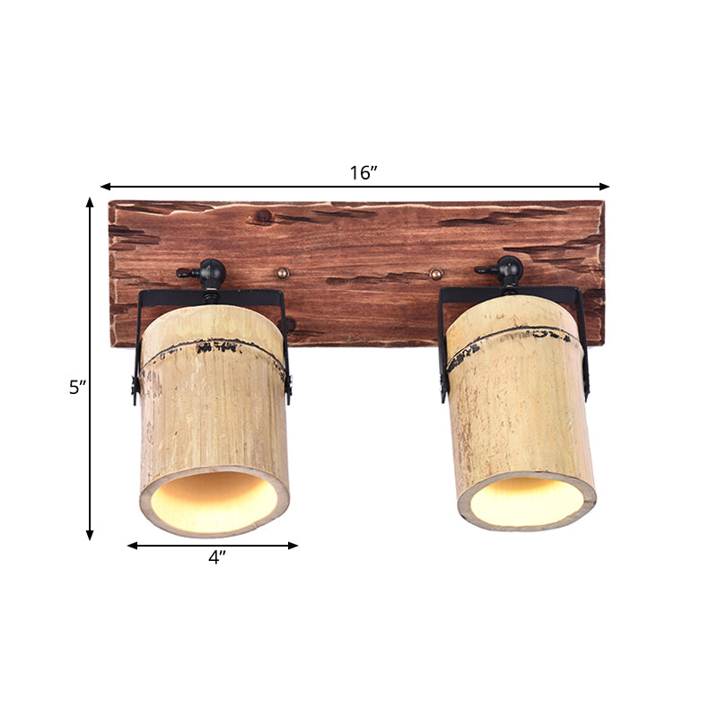 Frendorf | Vintage Zylinder Wandlamp Sconces 2/3-Lichts Bamboe Wandlamp in Bruin met Lineaire Houten Achterplaat