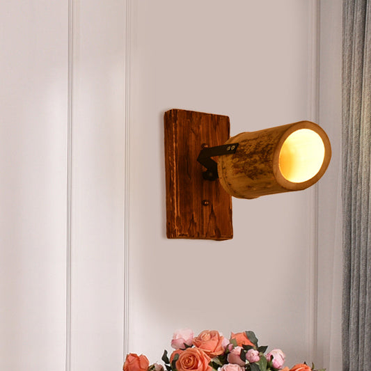 Frendorf | Vintage Zylinder Wandlamp Sconces 2/3-Lichts Bamboe Wandlamp in Bruin met Lineaire Houten Achterplaat