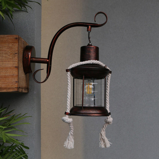 Frendorf | 1-Bulb Metal Wall Mounted Light Industrial Brass/Kupfer Gebogene Arm Wandleuchte mit Laterne Klarglas-Schirm