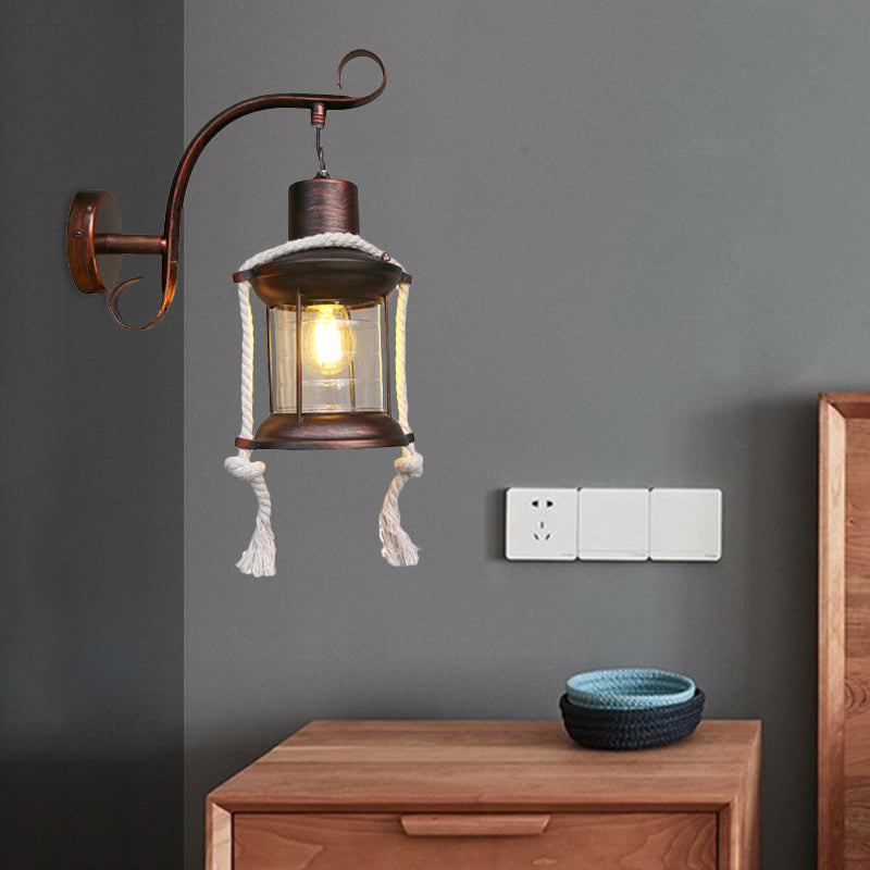 Frendorf | 1-Bulb Metal Wall Mounted Light Industrial Brass/Kupfer Gebogene Arm Wandleuchte mit Laterne Klarglas-Schirm