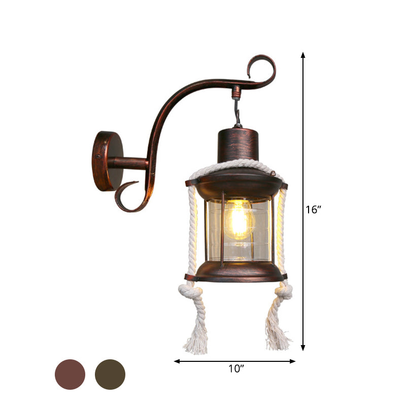 Frendorf | 1-Bulb Metal Wall Mounted Light Industrial Brass/Kupfer Gebogene Arm Wandleuchte mit Laterne Klarglas-Schirm