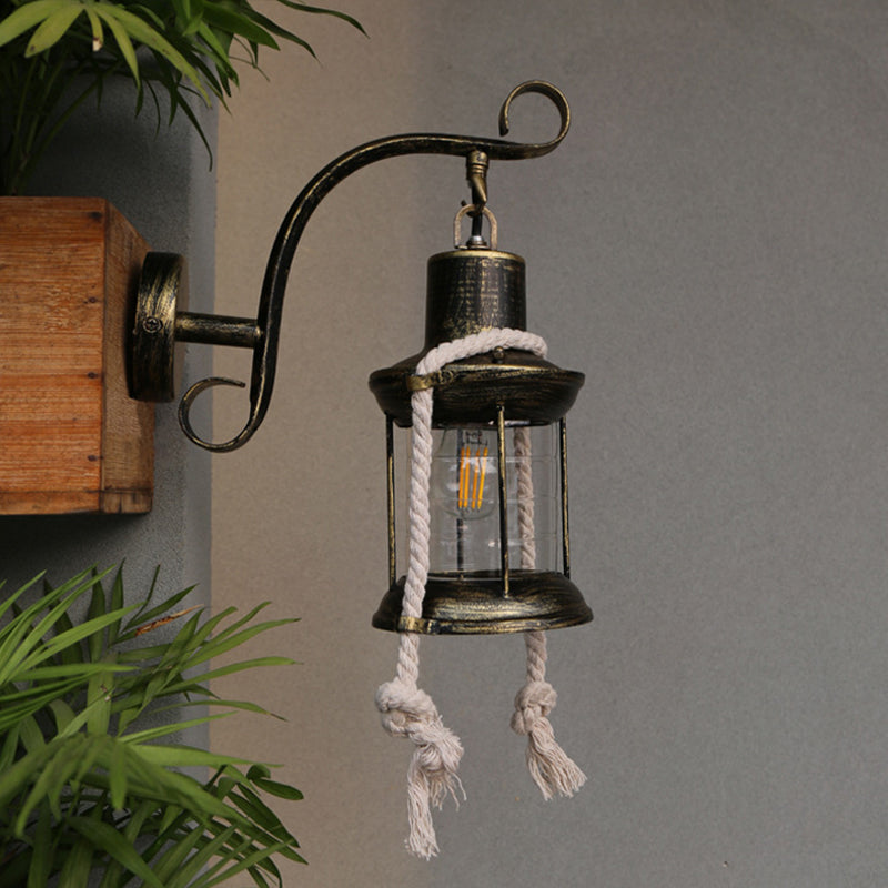 Frendorf | 1-Bulb Metal Wall Mounted Light Industrial Brass/Kupfer Gebogene Arm Wandleuchte mit Laterne Klarglas-Schirm