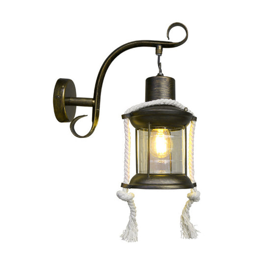 Frendorf | 1-Bulb Metal Wall Mounted Light Industrial Brass/Kupfer Gebogene Arm Wandleuchte mit Laterne Klarglas-Schirm