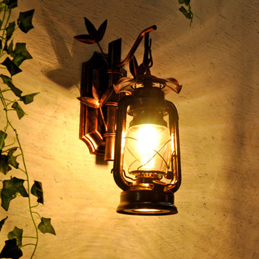 Frendorf | Industriële Lantaarn Wandlamp 1 Kop Duidelijk Glas Muurplaat Verlichtingsarmatuur in Brons/Koper met Metalen Bamboe Achterplaat