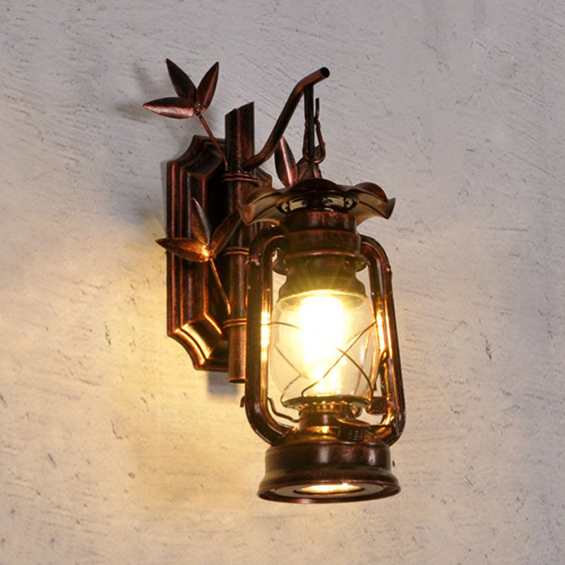 Frendorf | Industriële Lantaarn Wandlamp 1 Kop Duidelijk Glas Muurplaat Verlichtingsarmatuur in Brons/Koper met Metalen Bamboe Achterplaat
