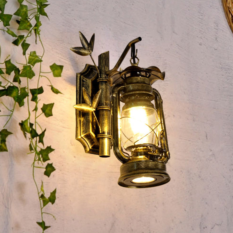 Frendorf | Industriële Lantaarn Wandlamp 1 Kop Duidelijk Glas Muurplaat Verlichtingsarmatuur in Brons/Koper met Metalen Bamboe Achterplaat