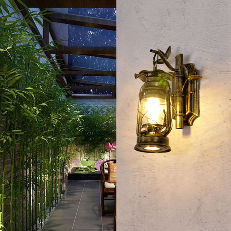 Frendorf | Industriële Lantaarn Wandlamp 1 Kop Duidelijk Glas Muurplaat Verlichtingsarmatuur in Brons/Koper met Metalen Bamboe Achterplaat