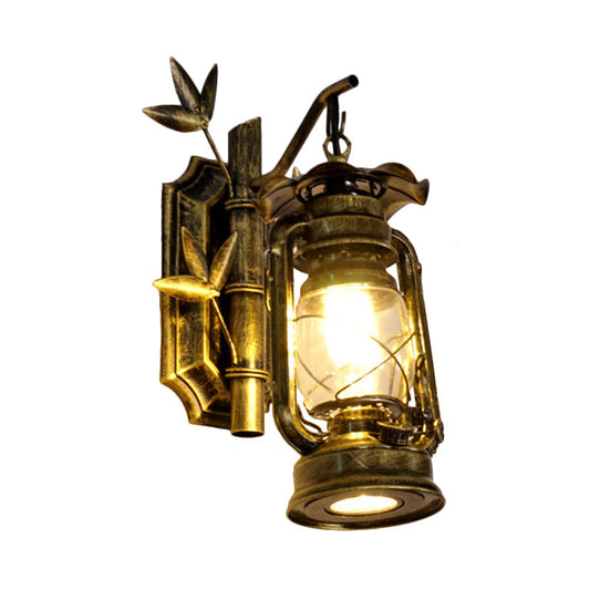 Frendorf | Industriële Lantaarn Wandlamp 1 Kop Duidelijk Glas Muurplaat Verlichtingsarmatuur in Brons/Koper met Metalen Bamboe Achterplaat