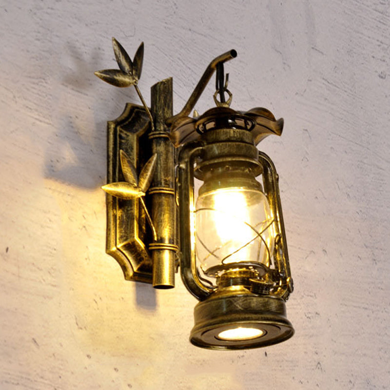 Frendorf | Industriële Lantaarn Wandlamp 1 Kop Duidelijk Glas Muurplaat Verlichtingsarmatuur in Brons/Koper met Metalen Bamboe Achterplaat