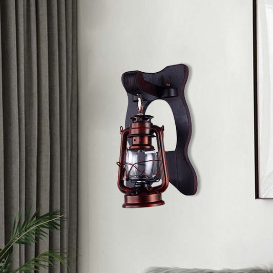Frendorf | 1 Licht Wandlamp Industriële Lantaarn Helder Glas Wandverlichting Ideeën in Koper met Houten Achterplaat