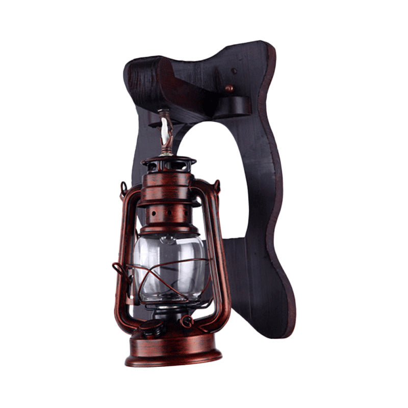 Frendorf | 1 Licht Wandlamp Industriële Lantaarn Helder Glas Wandverlichting Ideeën in Koper met Houten Achterplaat