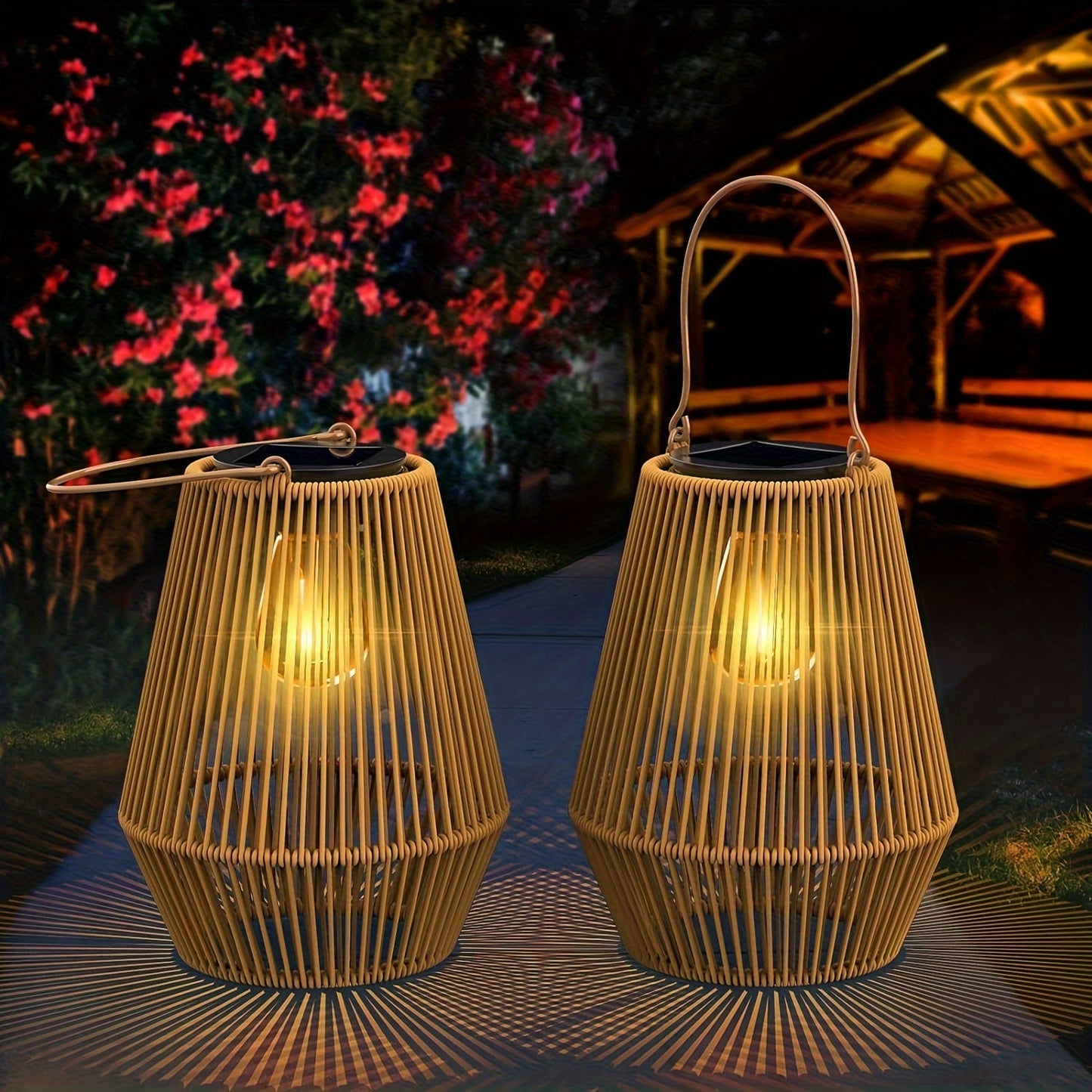 Frendorf | Boho Solar Pendant Lamp Set – Nachhaltige Wicker Laternen für Garten und Balkon