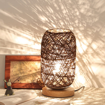 Frendorf | Geribbelte Oblong Mini Nachtstandlamp Macaron Beige/Blauw/Bruin USB Opladen LED Tafellicht met Houten Voetstuk voor Bedzijde