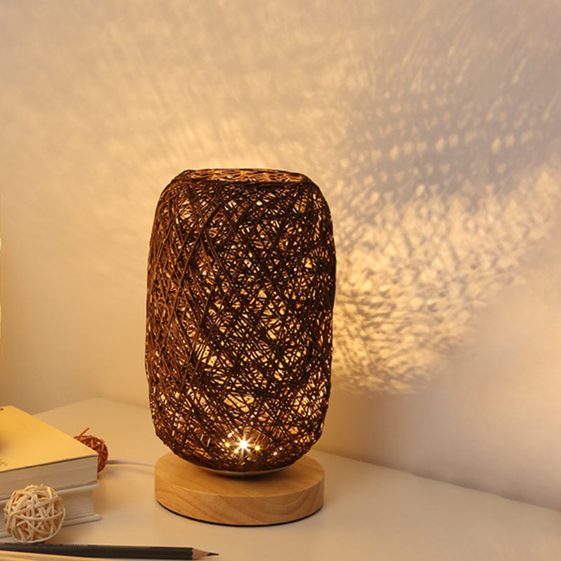 Frendorf | Geribbelte Oblong Mini Nachtstandlamp Macaron Beige/Blauw/Bruin USB Opladen LED Tafellicht met Houten Voetstuk voor Bedzijde