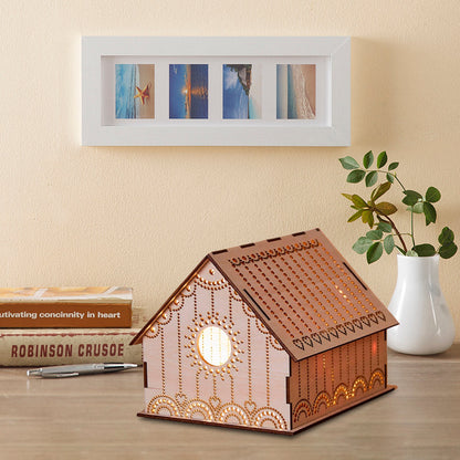 Frendorf | Kids Cottage Mini Nachtlicht Holz Schlafzimmer LED Nachttischlampe in Braun mit skulptiertem Blumen/Stern/Liebesherz-Design