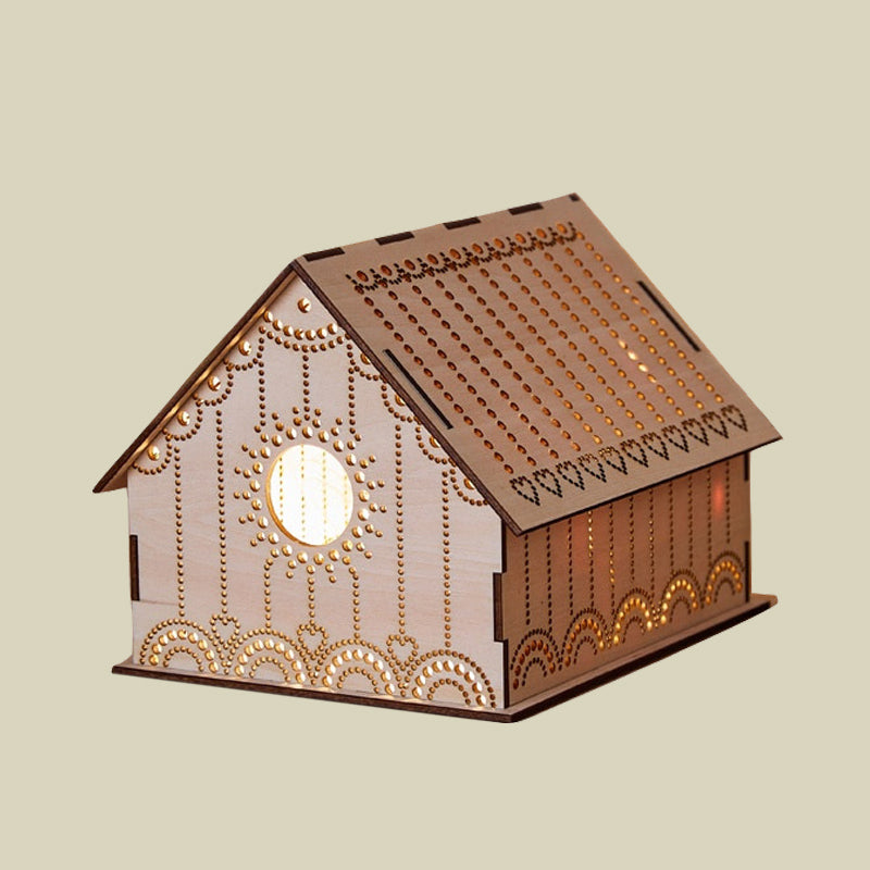 Frendorf | Kids Cottage Mini Nachtlicht Holz Schlafzimmer LED Nachttischlampe in Braun mit skulptiertem Blumen/Stern/Liebesherz-Design