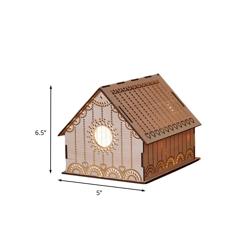 Frendorf | Kids Cottage Mini Nachtlicht Holz Schlafzimmer LED Nachttischlampe in Braun mit skulptiertem Blumen/Stern/Liebesherz-Design