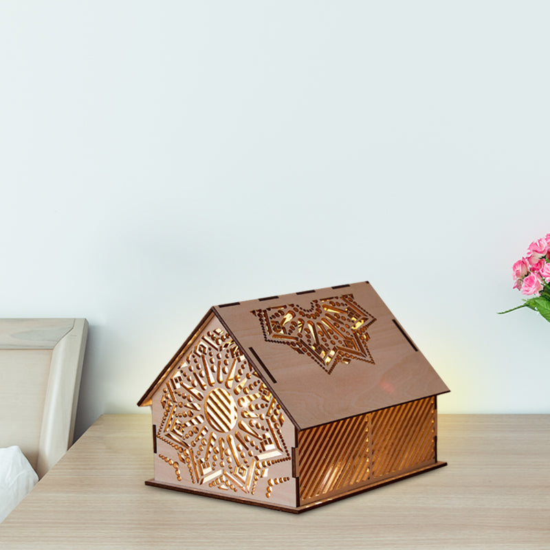 Frendorf | Kids Cottage Mini Nachtlicht Holz Schlafzimmer LED Nachttischlampe in Braun mit skulptiertem Blumen/Stern/Liebesherz-Design