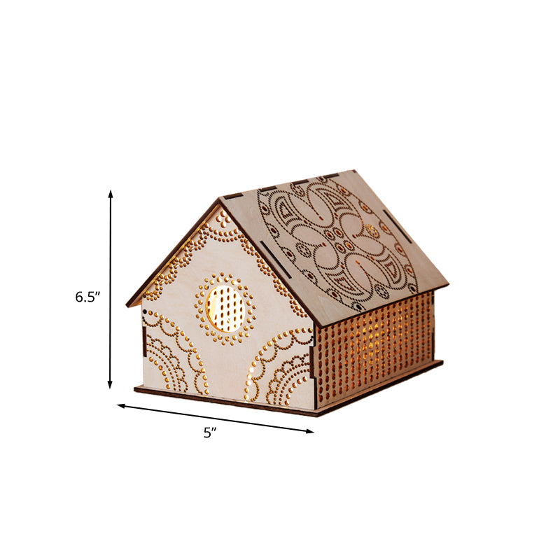 Frendorf | Kids Cottage Mini Nachtlicht Holz Schlafzimmer LED Nachttischlampe in Braun mit skulptiertem Blumen/Stern/Liebesherz-Design