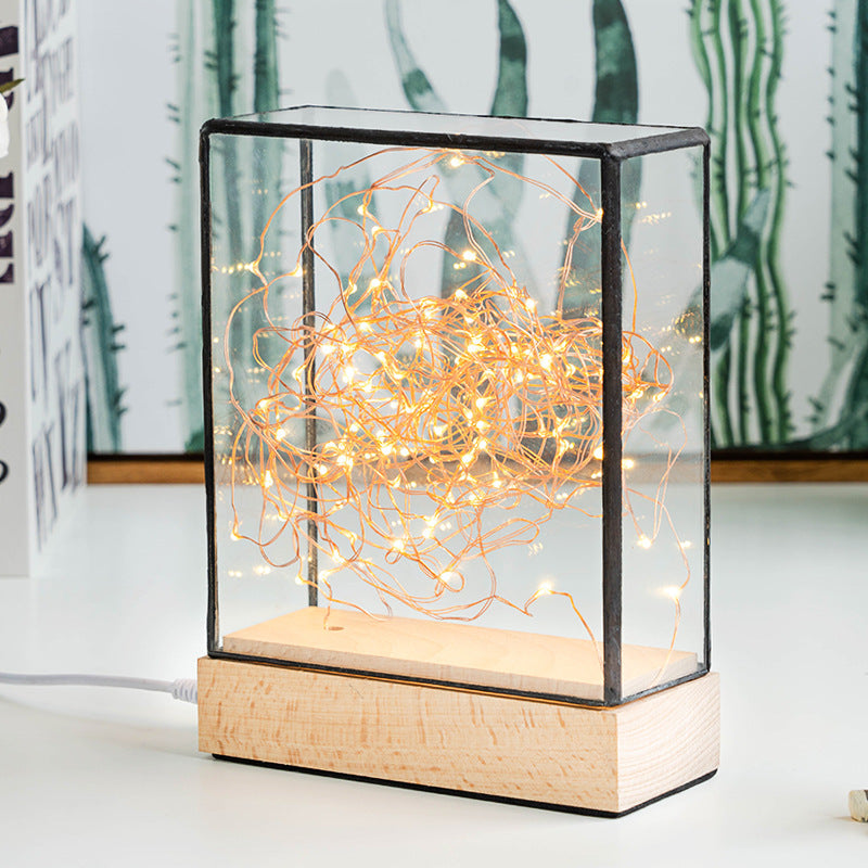 Frendorf | Kids Squared Klare Glazen Nachtlamp USB Oplaadbare LED Tafelverlichting in Hout met Interieur Roze Beer en Snoer