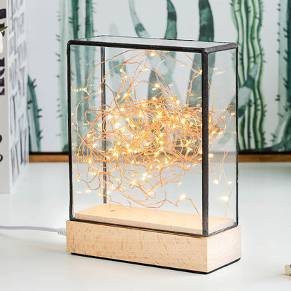 Frendorf | Kids Squared Klare Glazen Nachtlamp USB Oplaadbare LED Tafelverlichting in Hout met Interieur Roze Beer en Snoer