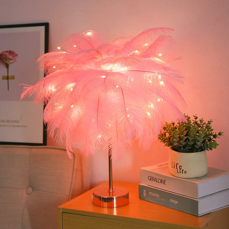 Rosa/Weiß Palmenbaum Nachtlampe Modern Stylisch Feder Batteriebetriebene LED Tischlampe mit aufladbarem USB-Anschluss