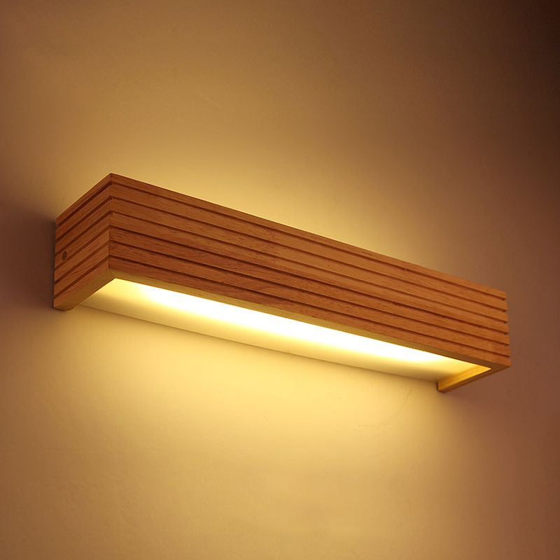 Frendorf | Gestreepte slaapkamer wandlamp hedendaags houten 14"/18"/21.5" breed 1-kops beige LED op en neer lichtarmatuur in warm/wit licht