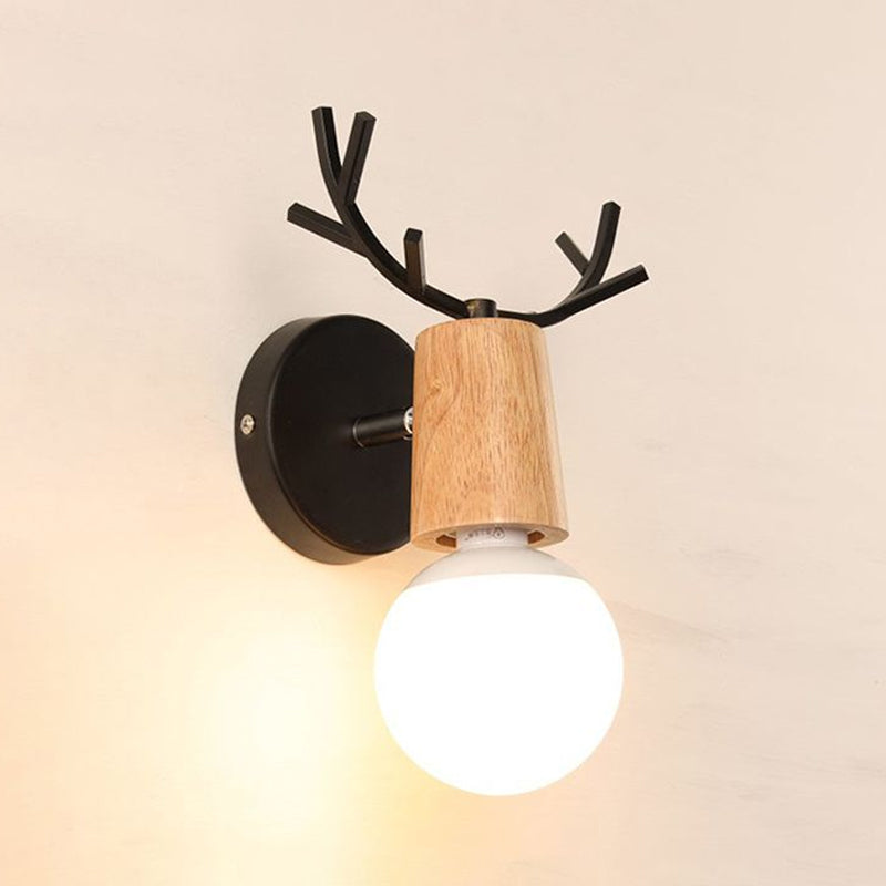 Frendorf | 1 Licht Bare Bulb Wandlamp Modern Stil Zwart/Wit Afwerking Metaal en Hout Wandverlichting met Hertenkant