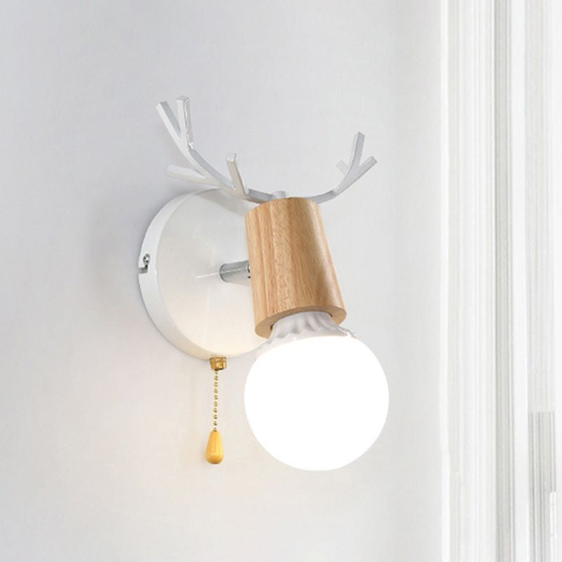 Frendorf | 1 Licht Bare Bulb Wandlamp Modern Stil Zwart/Wit Afwerking Metaal en Hout Wandverlichting met Hertenkant