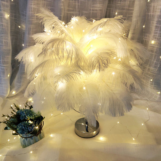 Palm Tree Feather Tischbeleuchtung Modern Romantisch Pink/Weiß LED Nachttischlampe mit K9 Kristall Tropfen